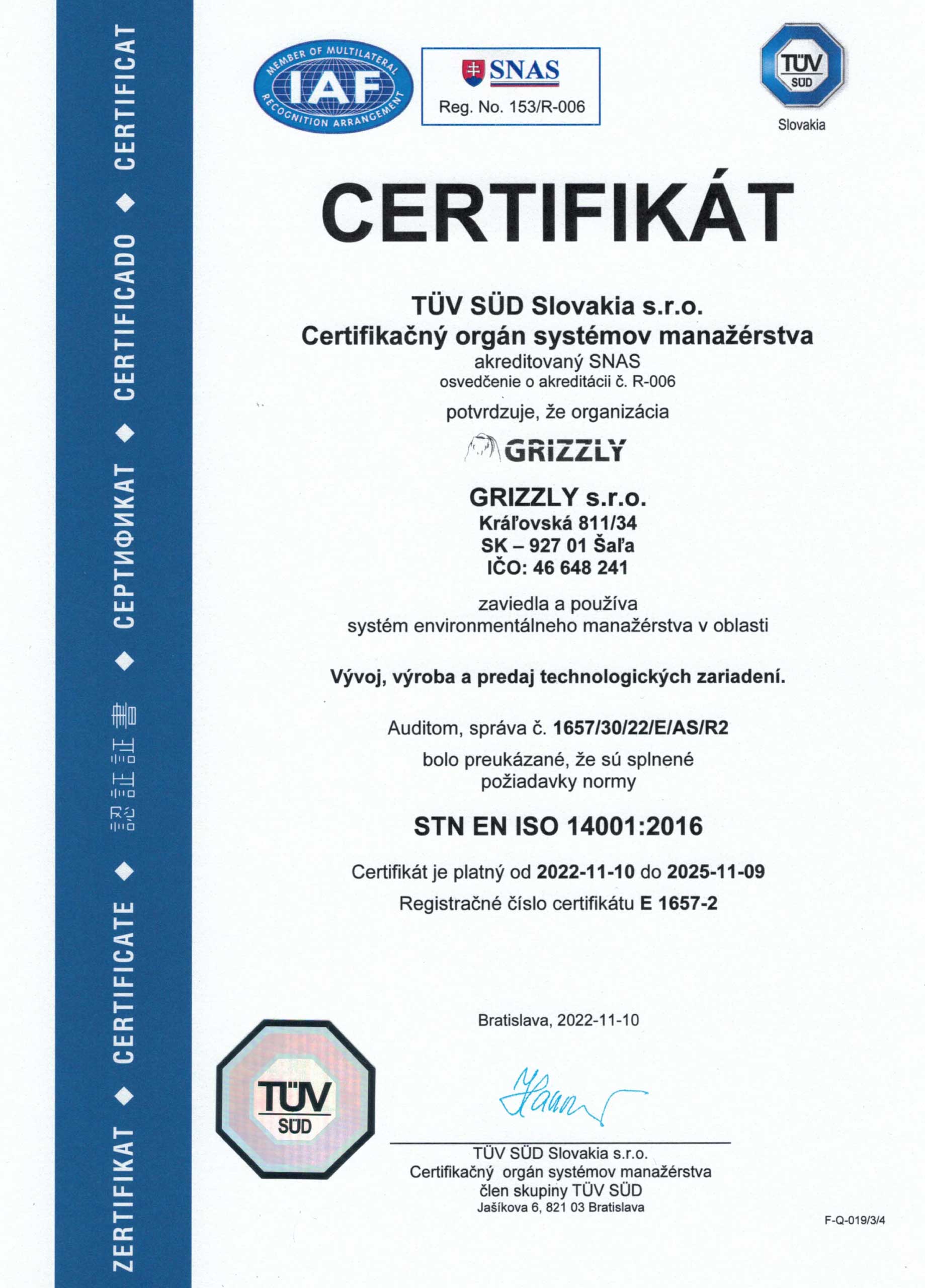 germicídne čističe vzduchu Grizzly ISO certifikát 14001