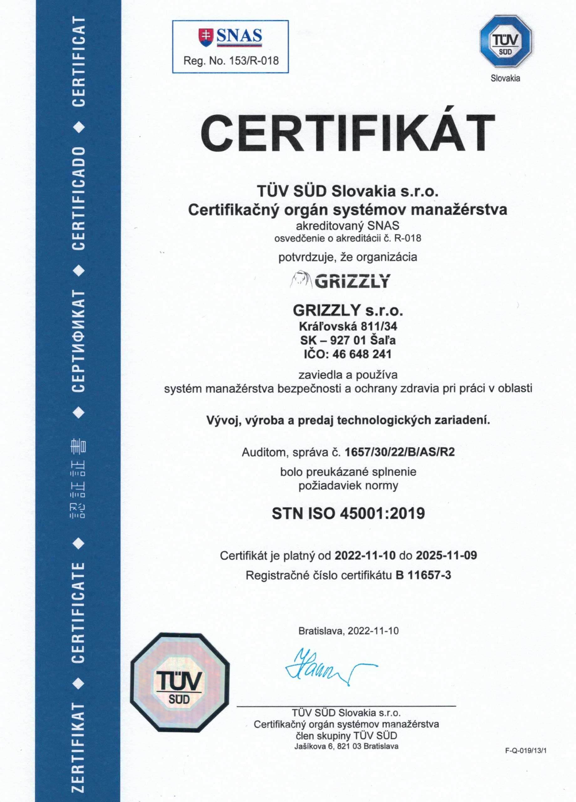 UVC a ozónové čističe vzduchu Grizzly ISO certifikát 45001 SK