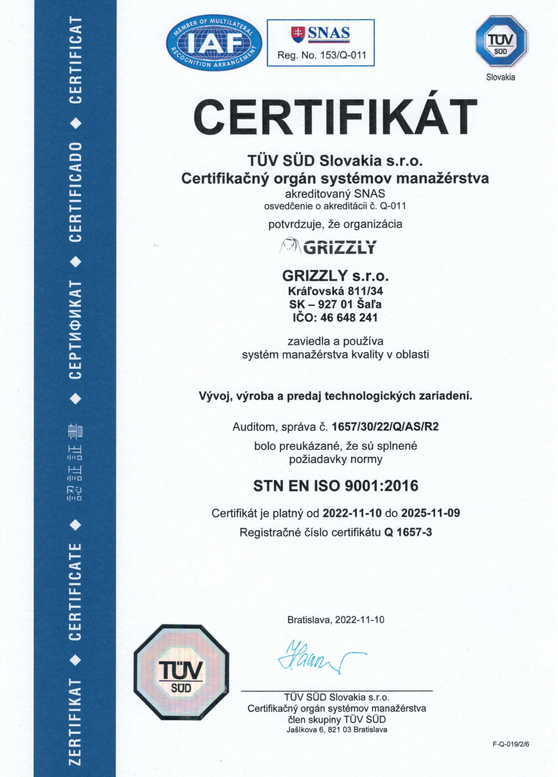 germicídne čističe vzduchu Grizzly ISO certifikát 9001